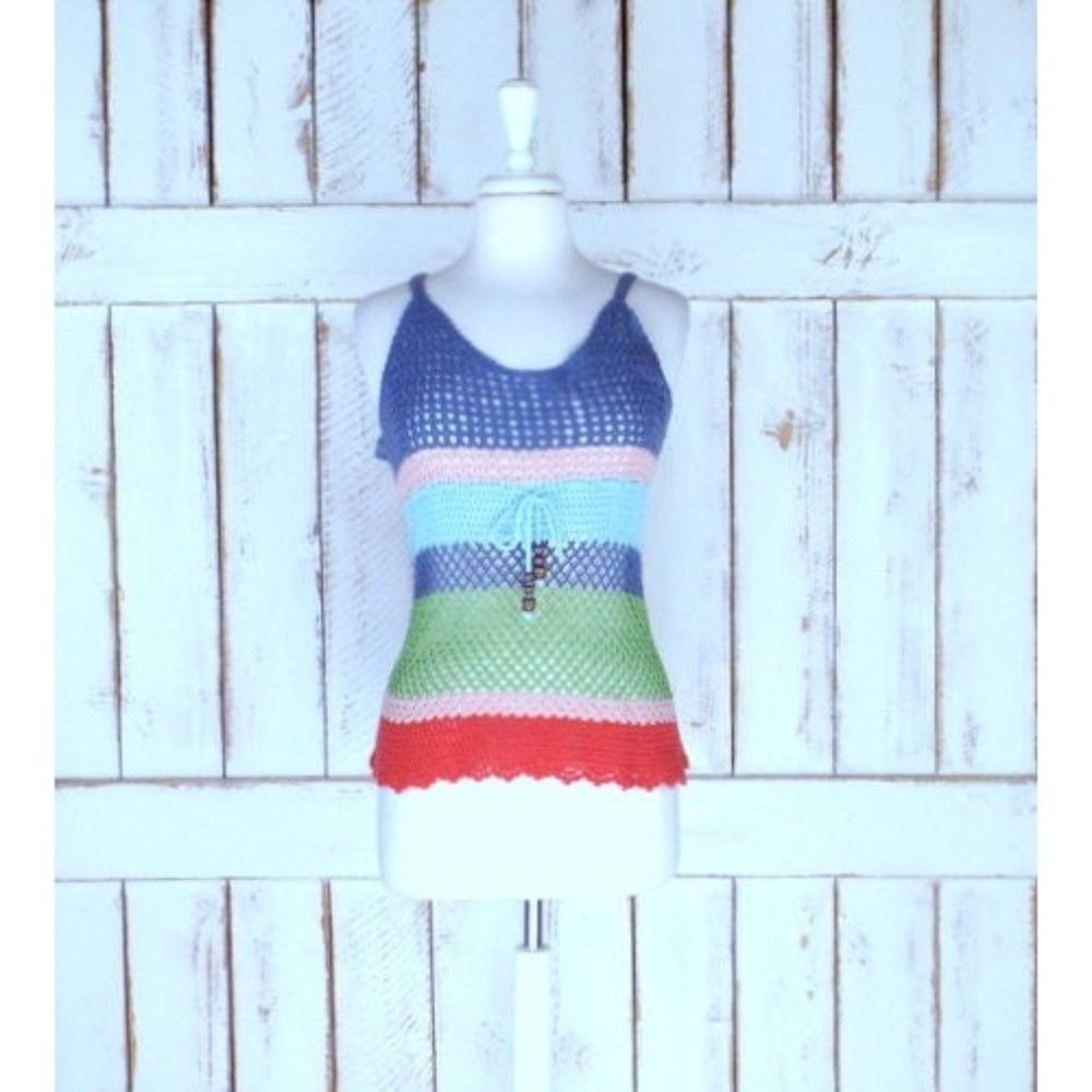 90s vintage blue green striped crochet knit cotton sleeveless tank top
